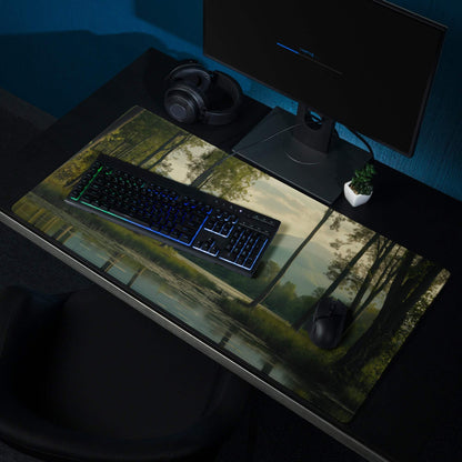 Dark Forest Night Scene gaming mouse pad with glossy forest, blue mood lighting