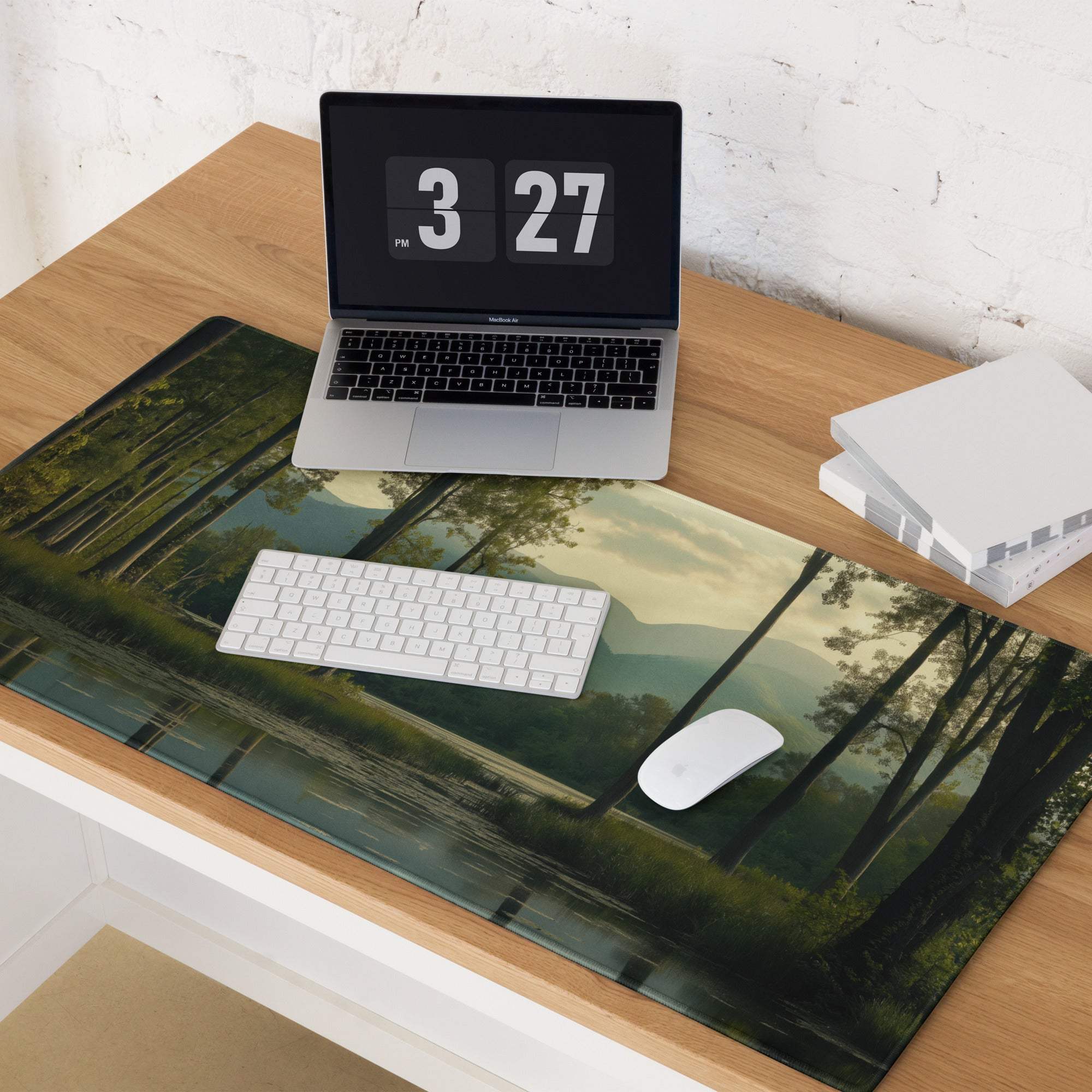 Large dark forest night scene gaming mouse pad with reflective pond
