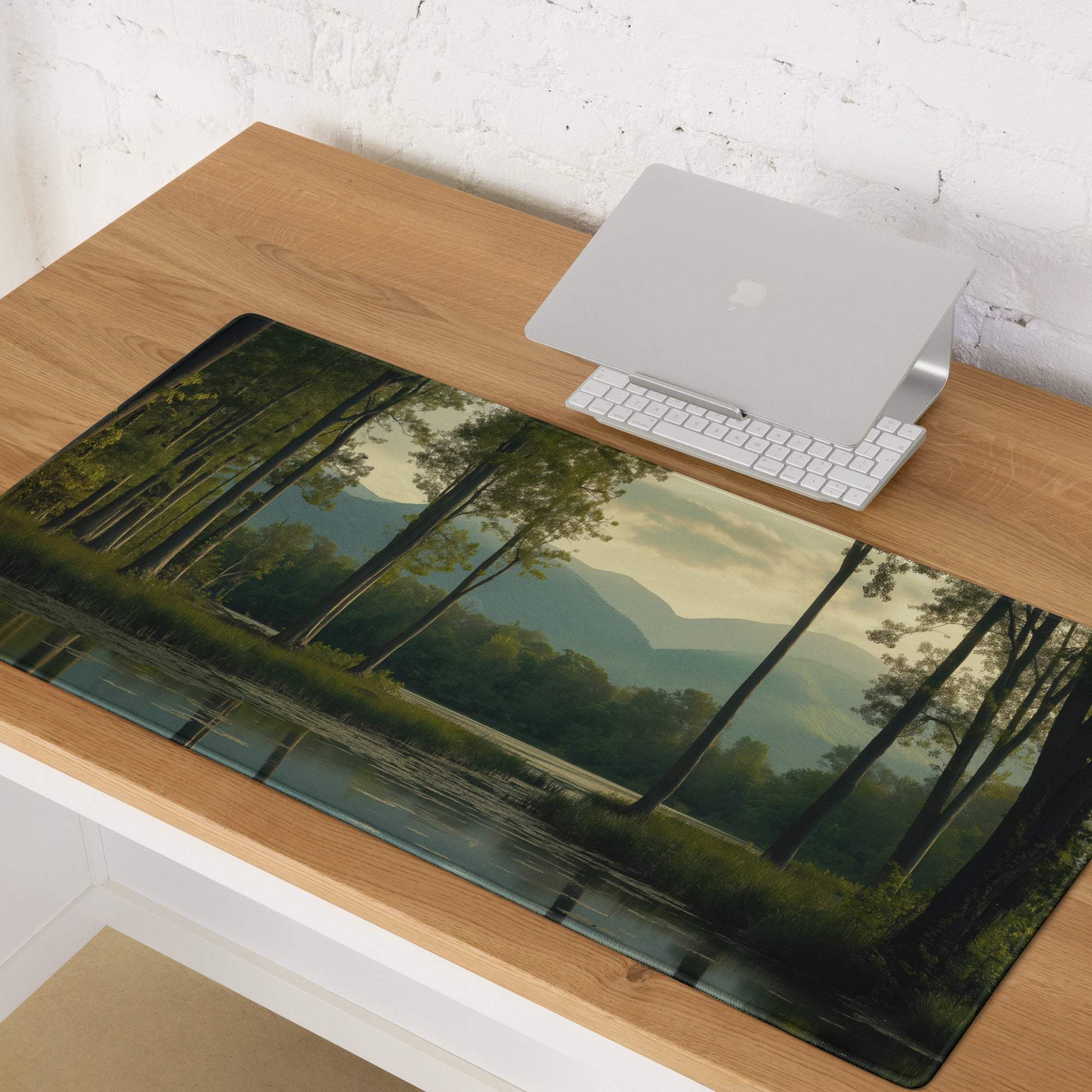 Large dark forest night scene gaming mouse pad with trees, water, mountains