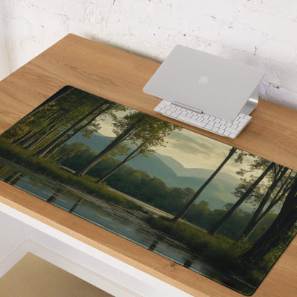 Large dark forest night scene gaming mouse pad with trees, water, mountains