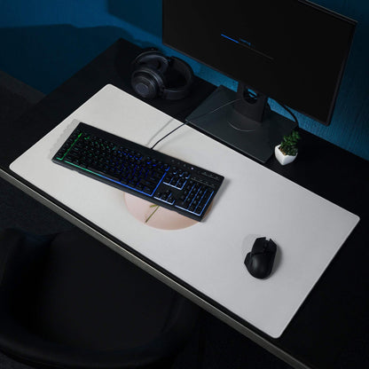 Sleek gray large gaming mousepad with pink center cutout and non-slip base