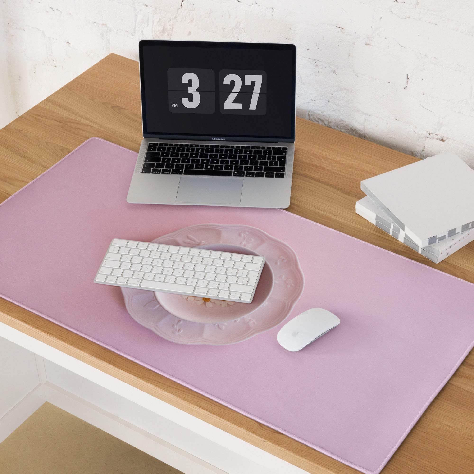 Soft pink gaming mouse pad with keyboard cutout and non-slip backing