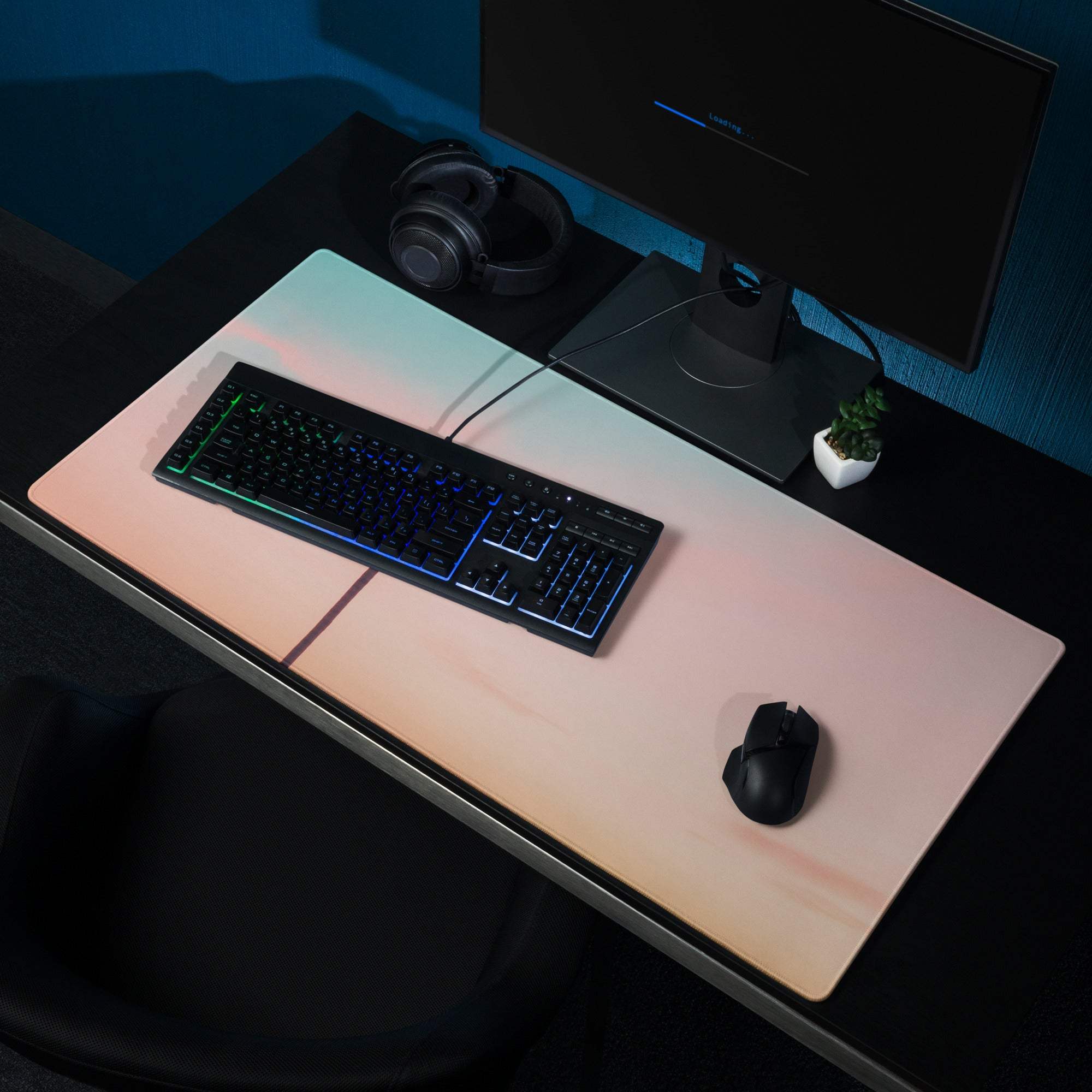 Pastel sunset palm tree gaming mouse pad with peach to blue gradient