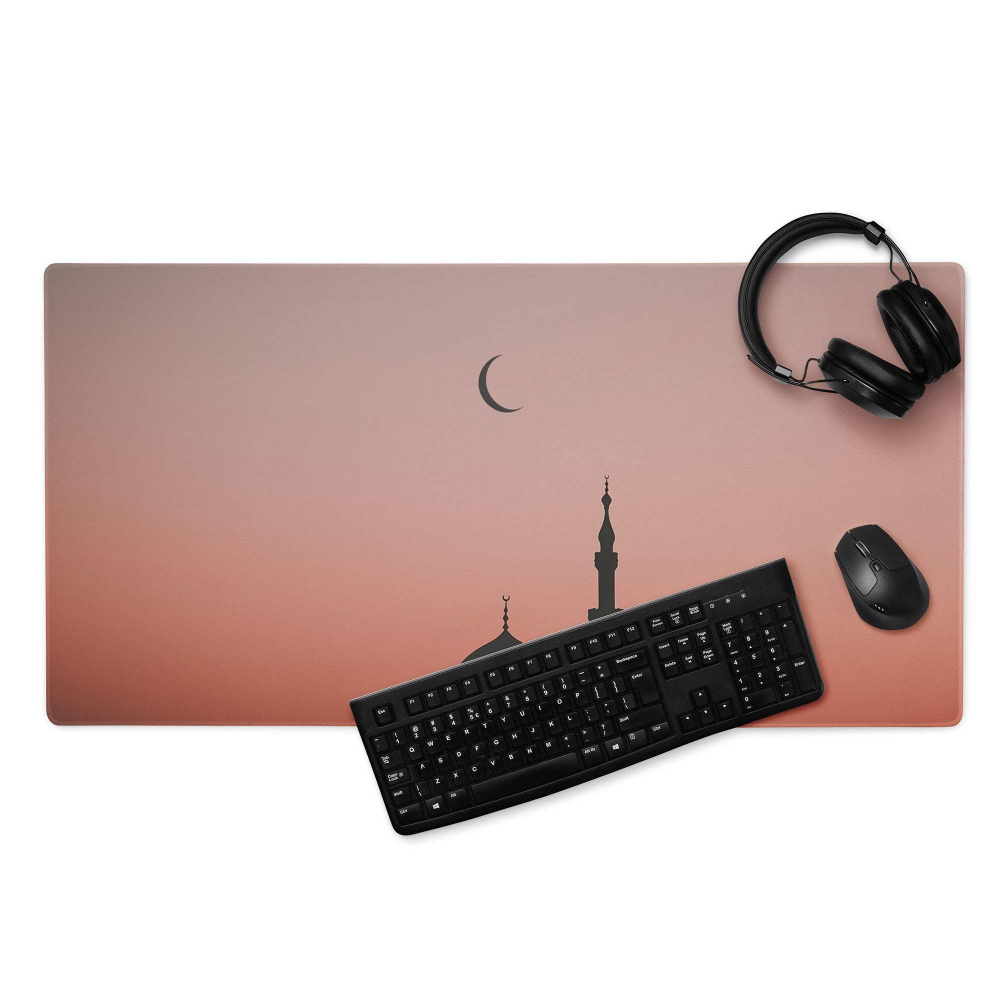 Minimalist pink gradient mosque silhouette gaming mouse pad with minaret and crescent moon
