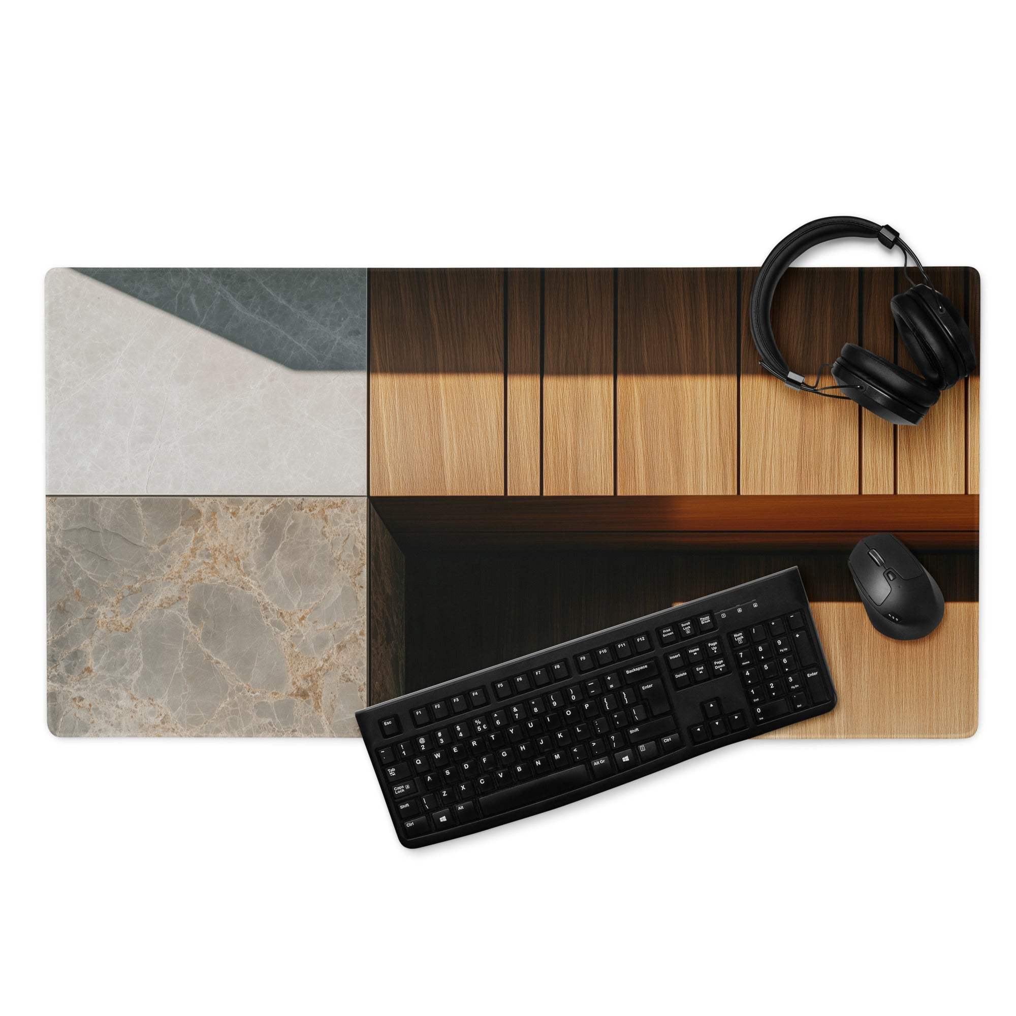 Modern desk mat with gray beige marble wood black inlays non-slip base
