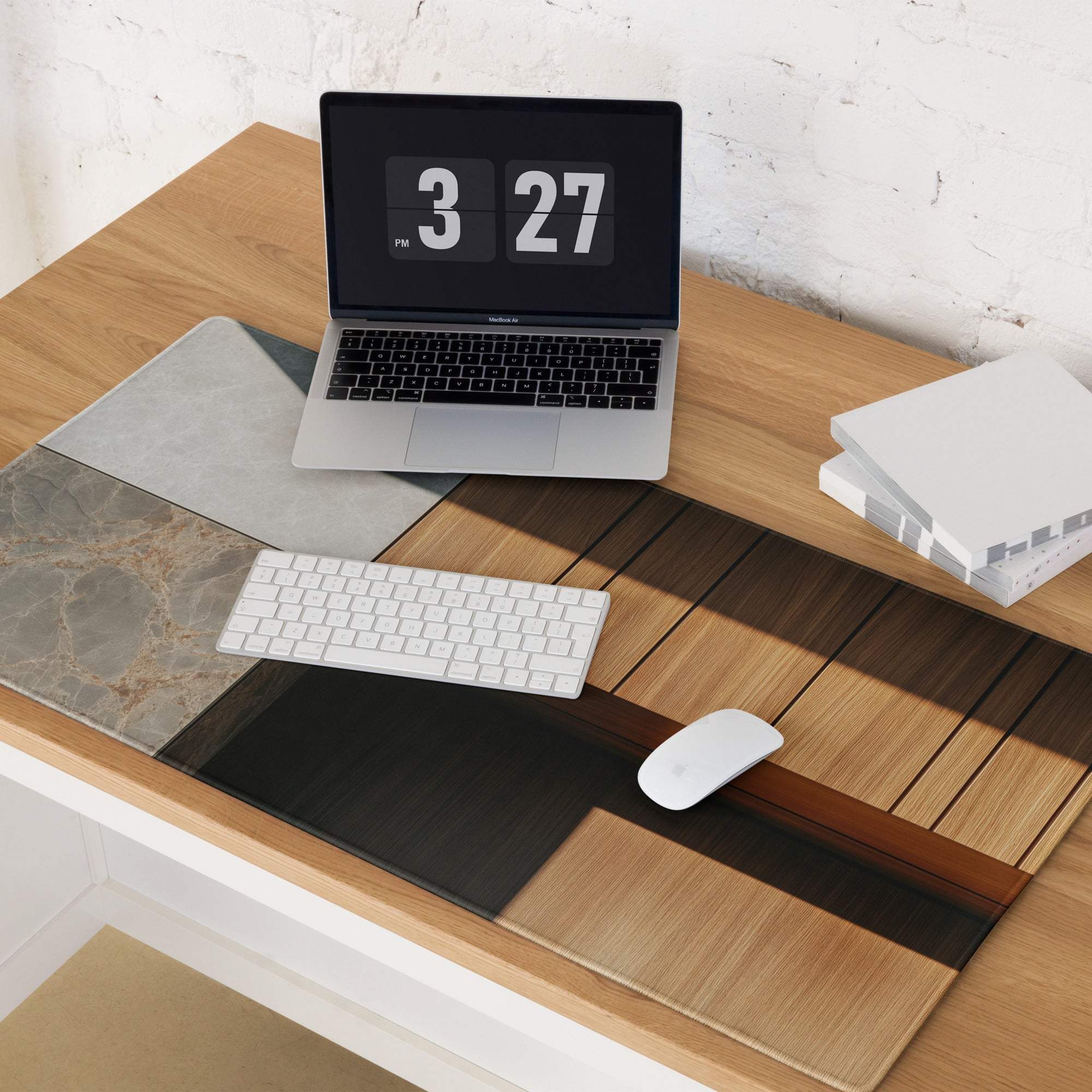 Modern desk mat with gray marble, wood grain, black bands, non-slip base