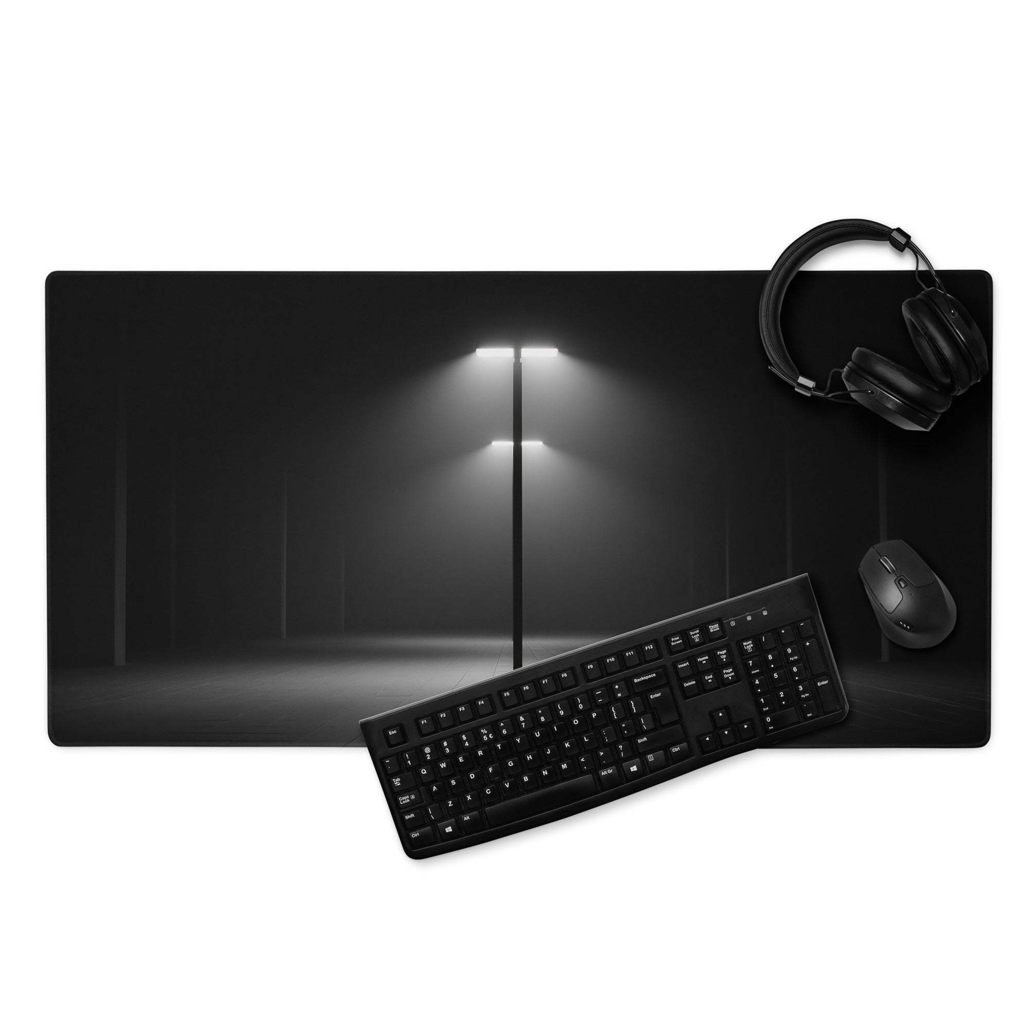 Black gaming mouse pad with monochrome streetlamp design and non-slip base