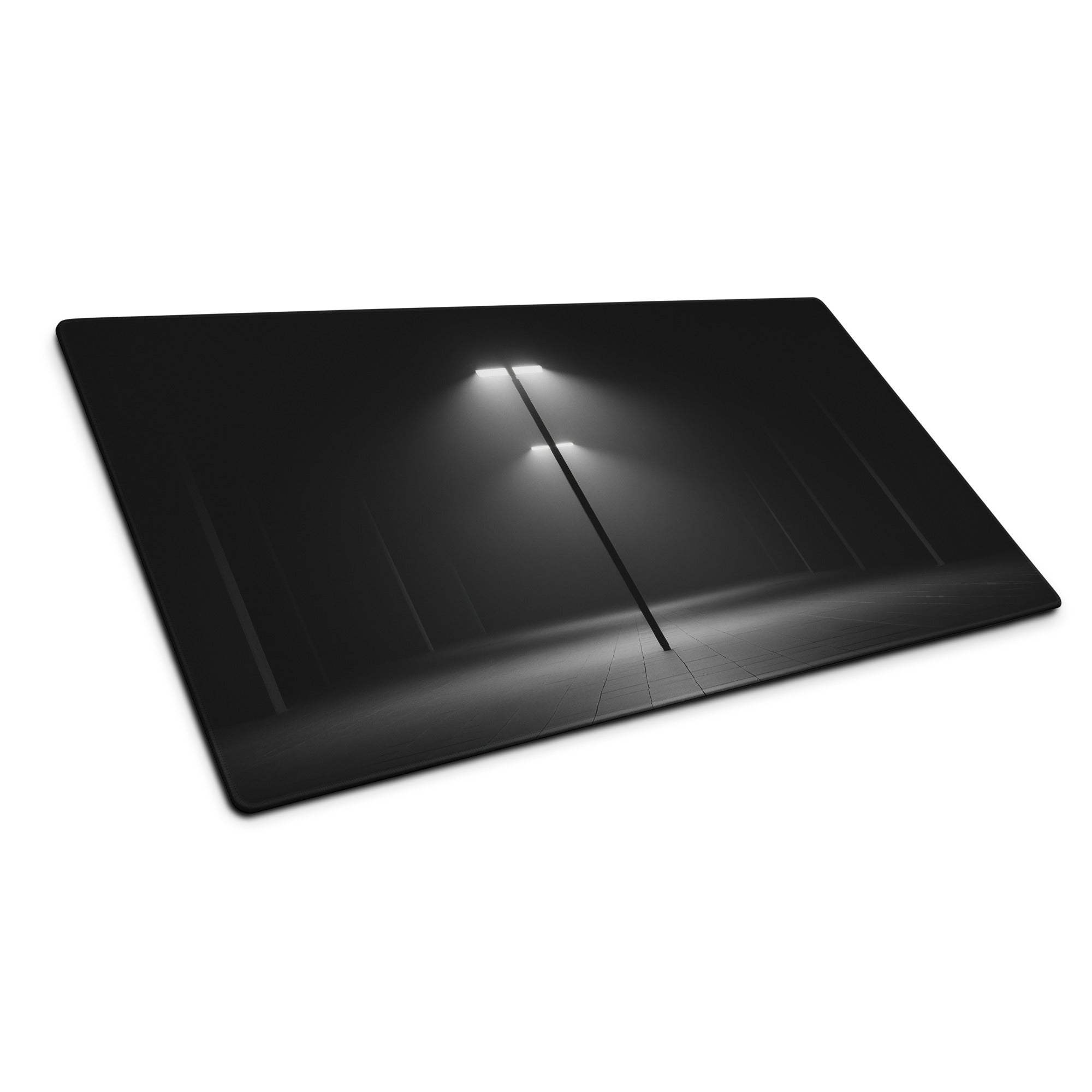 Black gaming mouse pad with foggy streetlamp photo and non-slip base