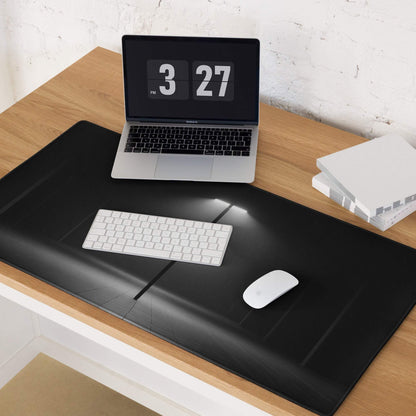 Black leather large gaming mouse pad with embossed lines, non-slip base, stitched edges