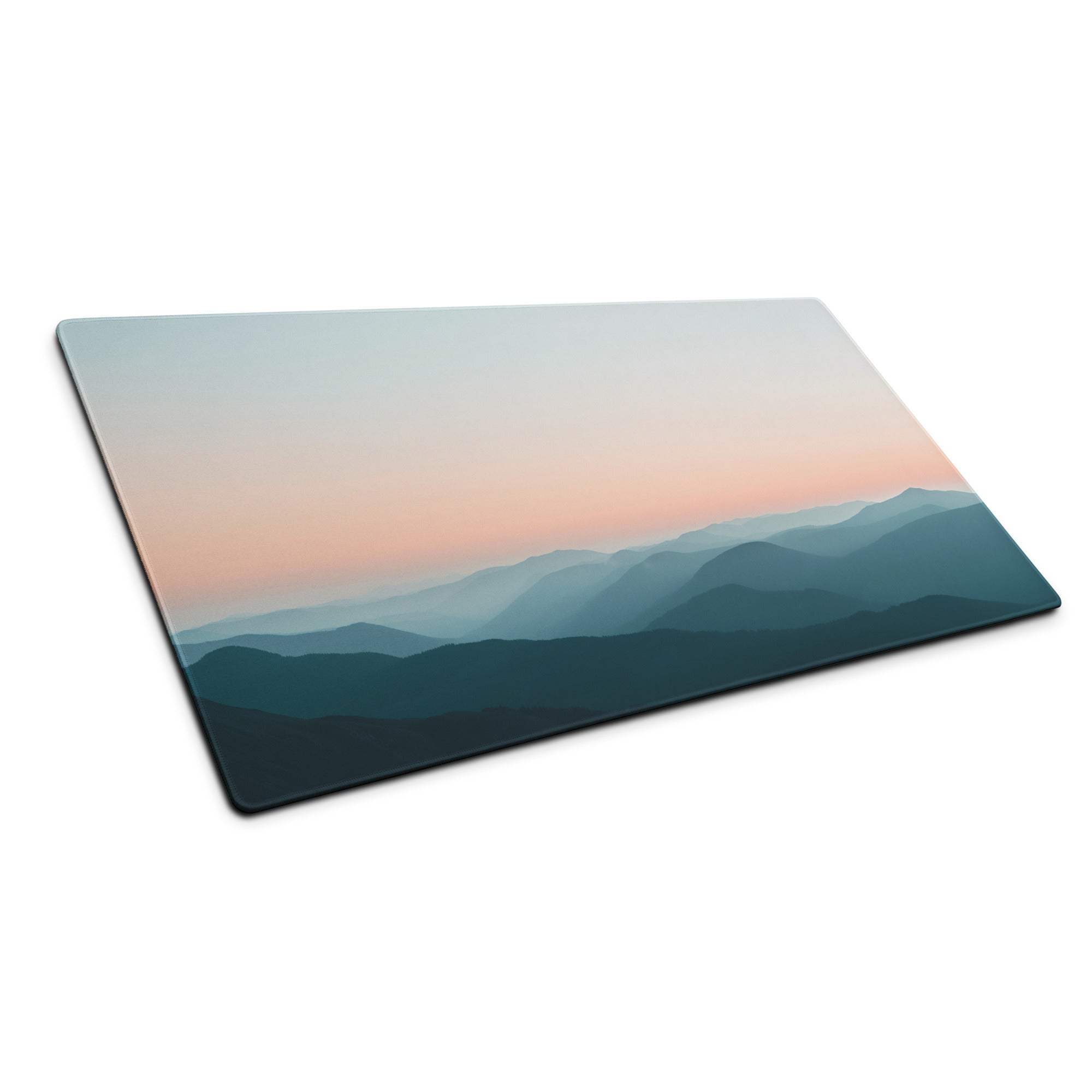 Serene mountain sunset pastel gaming mouse pad with glass-like cutout design