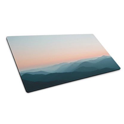 Serene mountain sunset pastel gaming mouse pad with glass-like cutout design