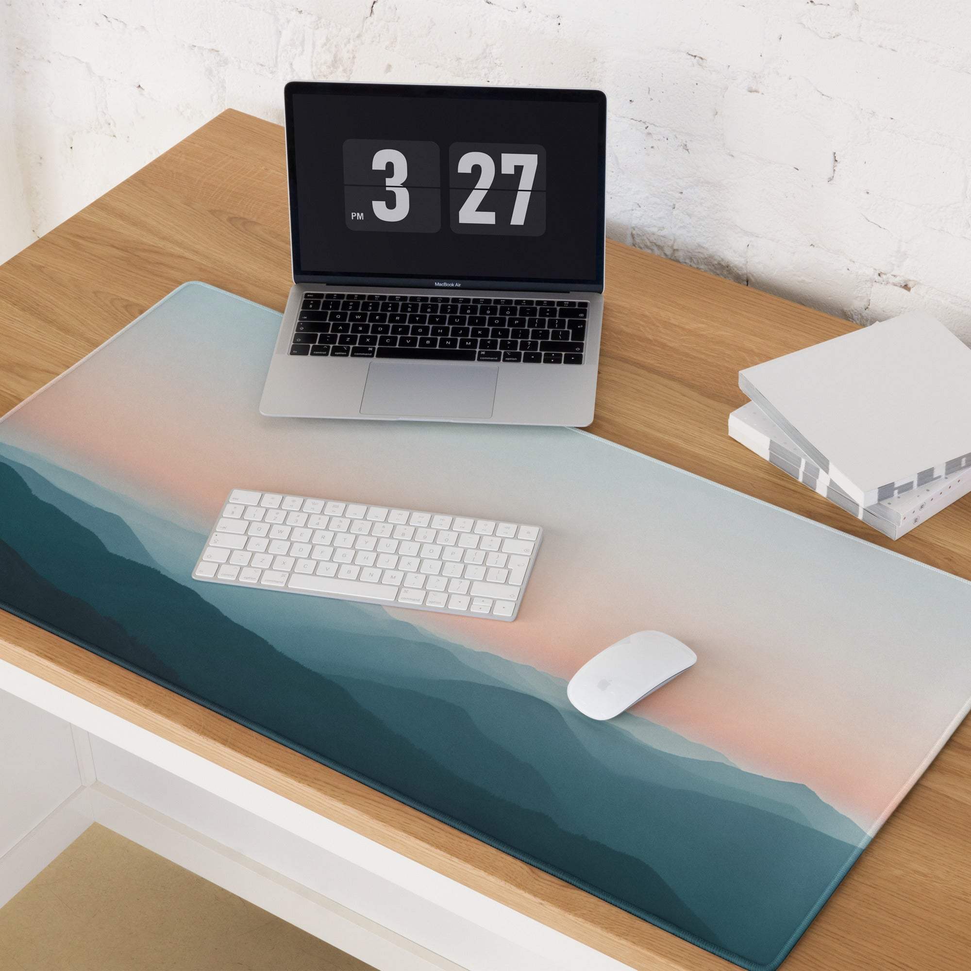 Serene Mountain Sunset pastel gaming mouse pad with teal-blue-peach gradient mountains