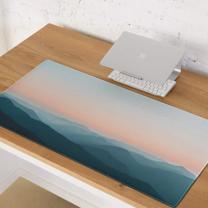 Serene Mountain Sunset pastel gaming mouse pad with teal peach gradient mountains