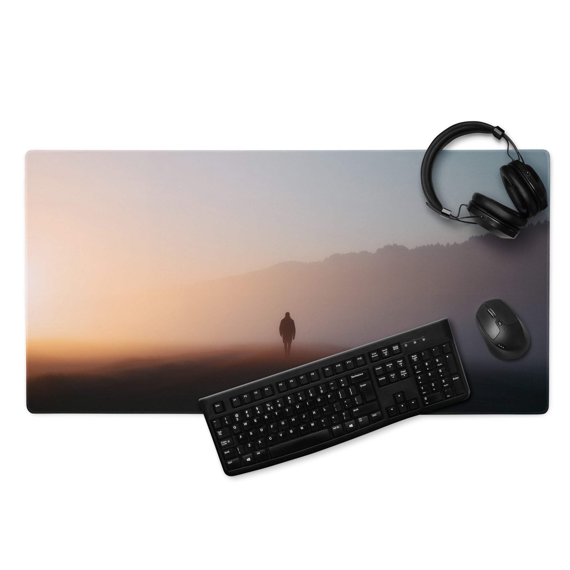 Large immersive sunset gradient gaming mouse pad with serene sunrise mountains silhouette