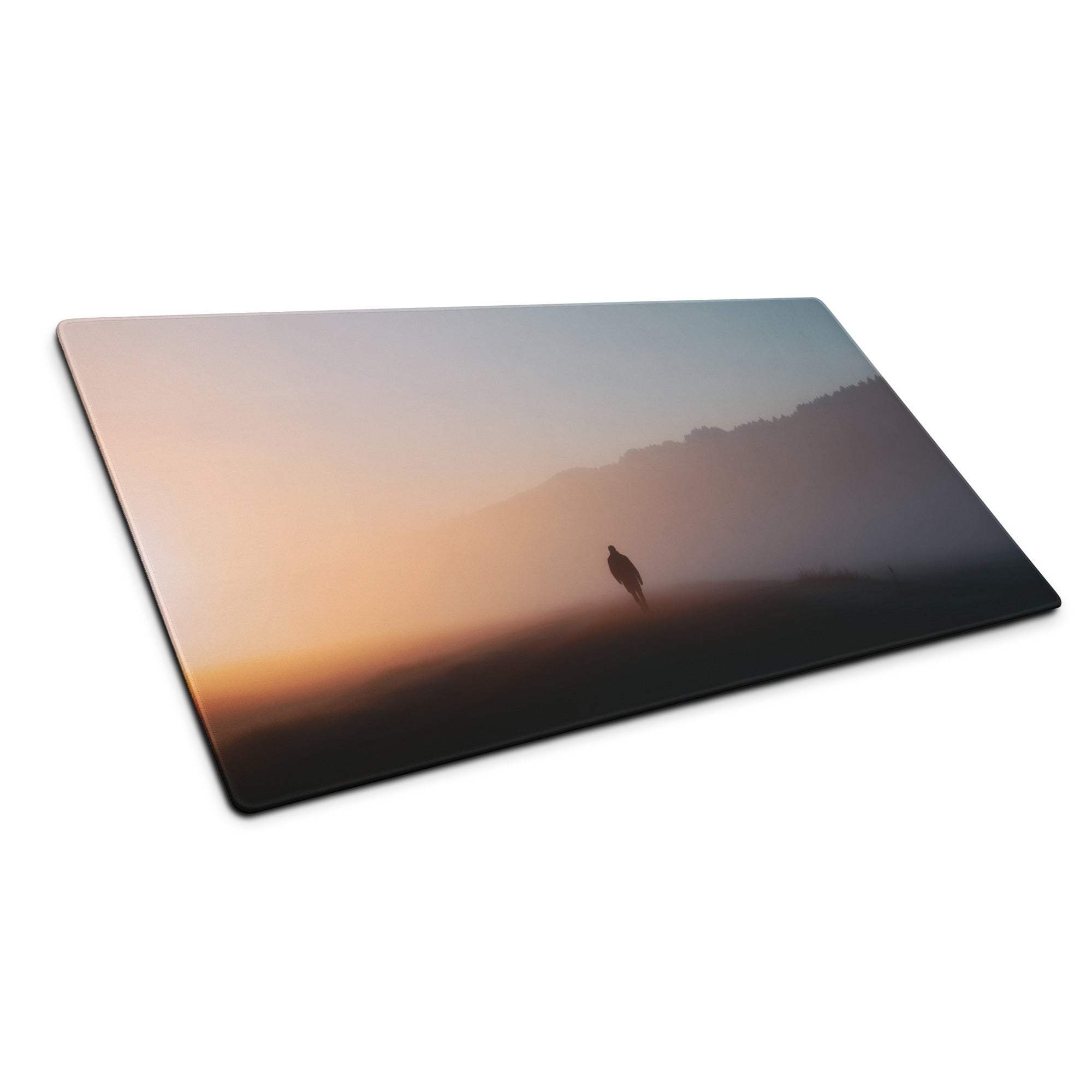 Large immersive sunset gradient gaming mouse pad with serene sunrise mountains