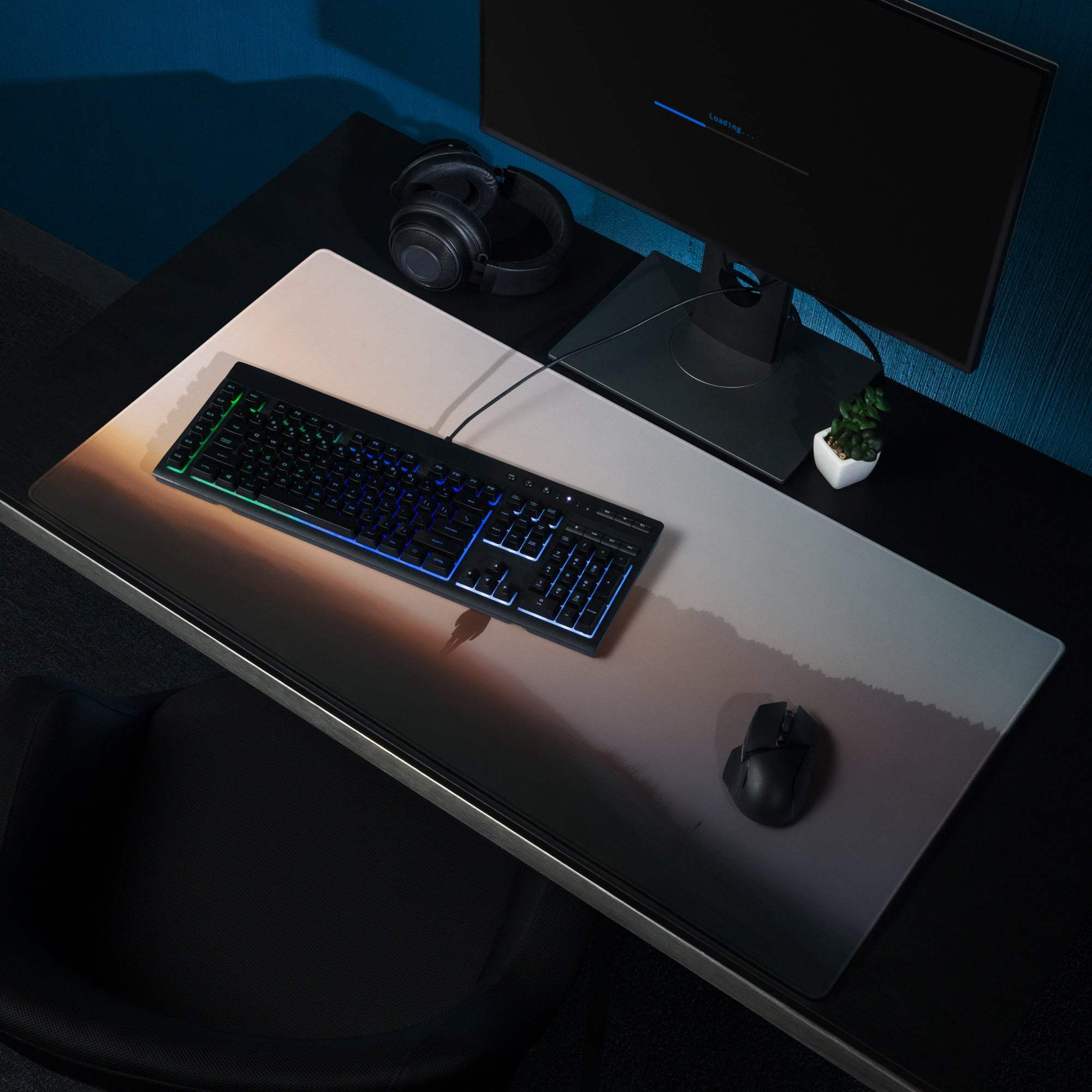 Immersive Sunset gradient gaming mouse pad with non-slip base and edge stitching
