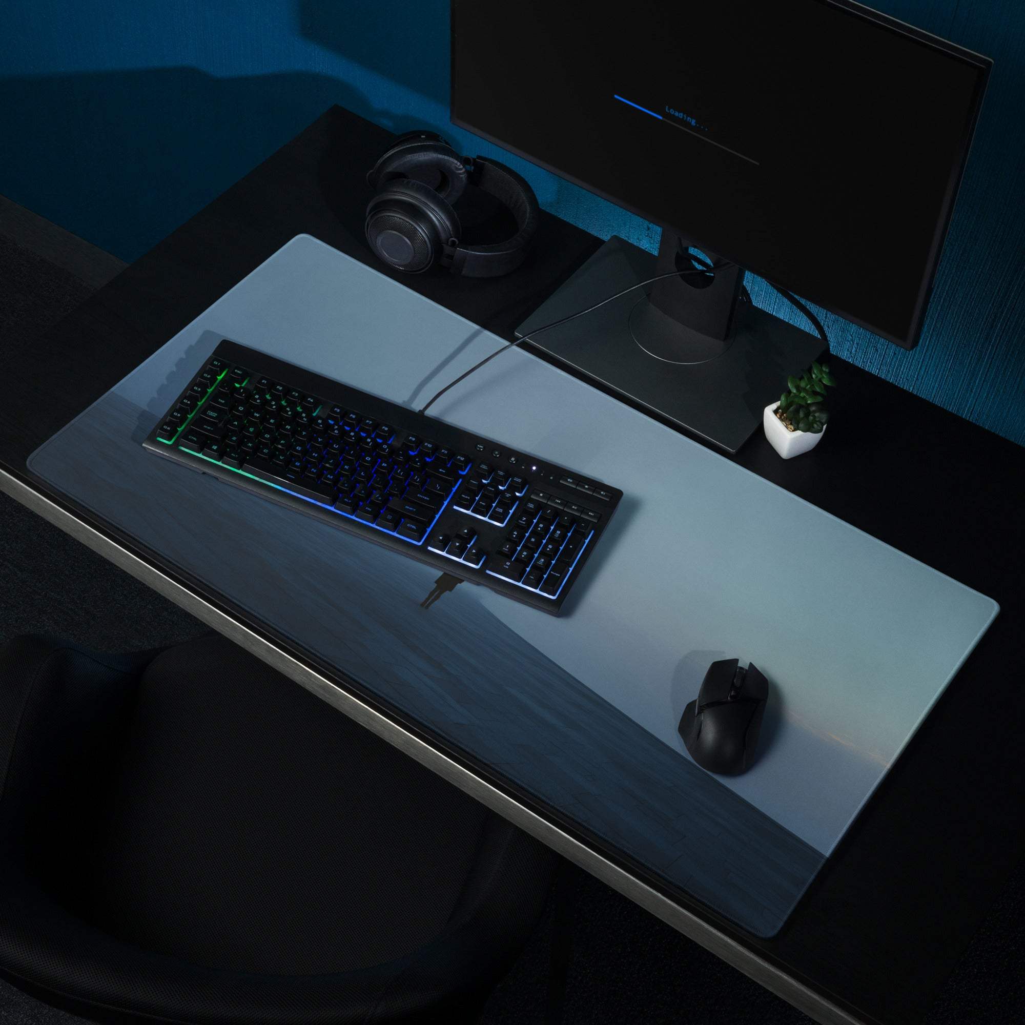 Sleek blue mist horizon fog gaming mouse pad for immersive precision