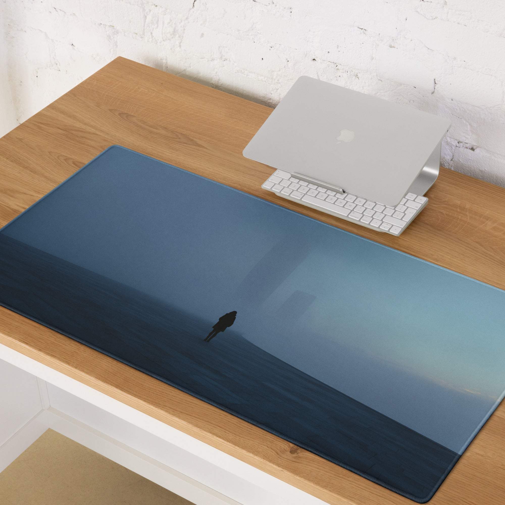 Blue mist horizon fog gaming mouse pad with lone figure silhouette toward city lights