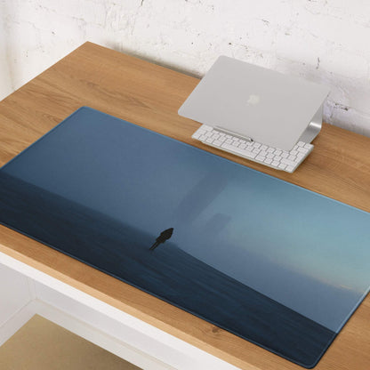Blue mist horizon fog gaming mouse pad with lone figure silhouette toward city lights