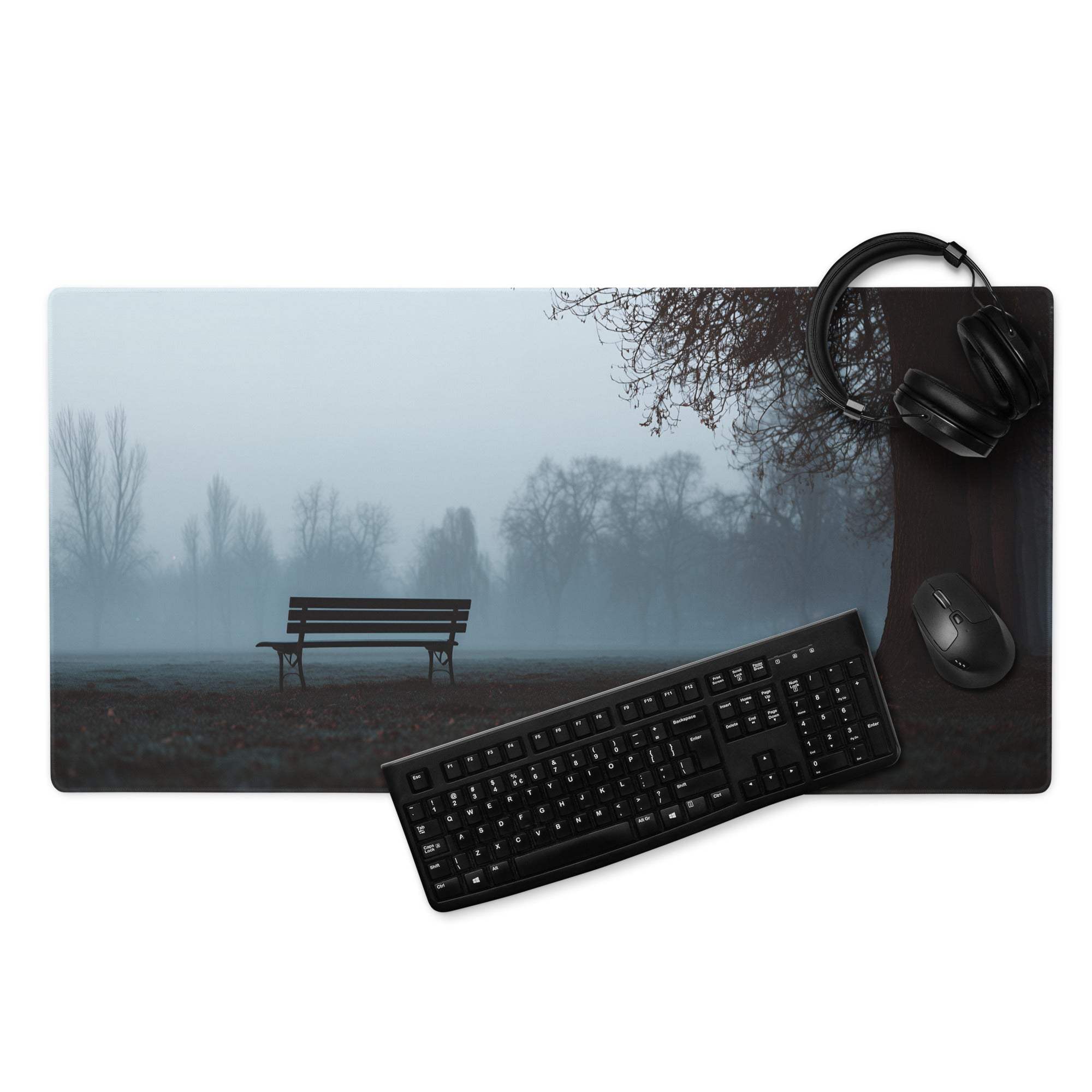 Cinematic misty park bench gaming mouse pad with foggy trees and bench