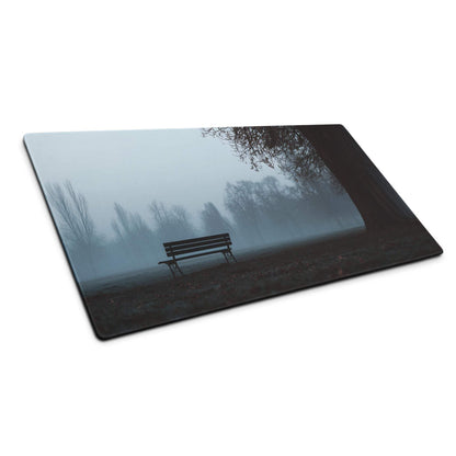 Misty park bench on sleek glass cutting board mouse pad