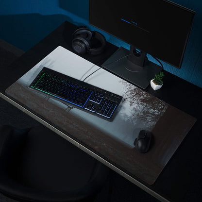 Cinematic Misty Park Bench large gaming mouse pad with misty landscape design