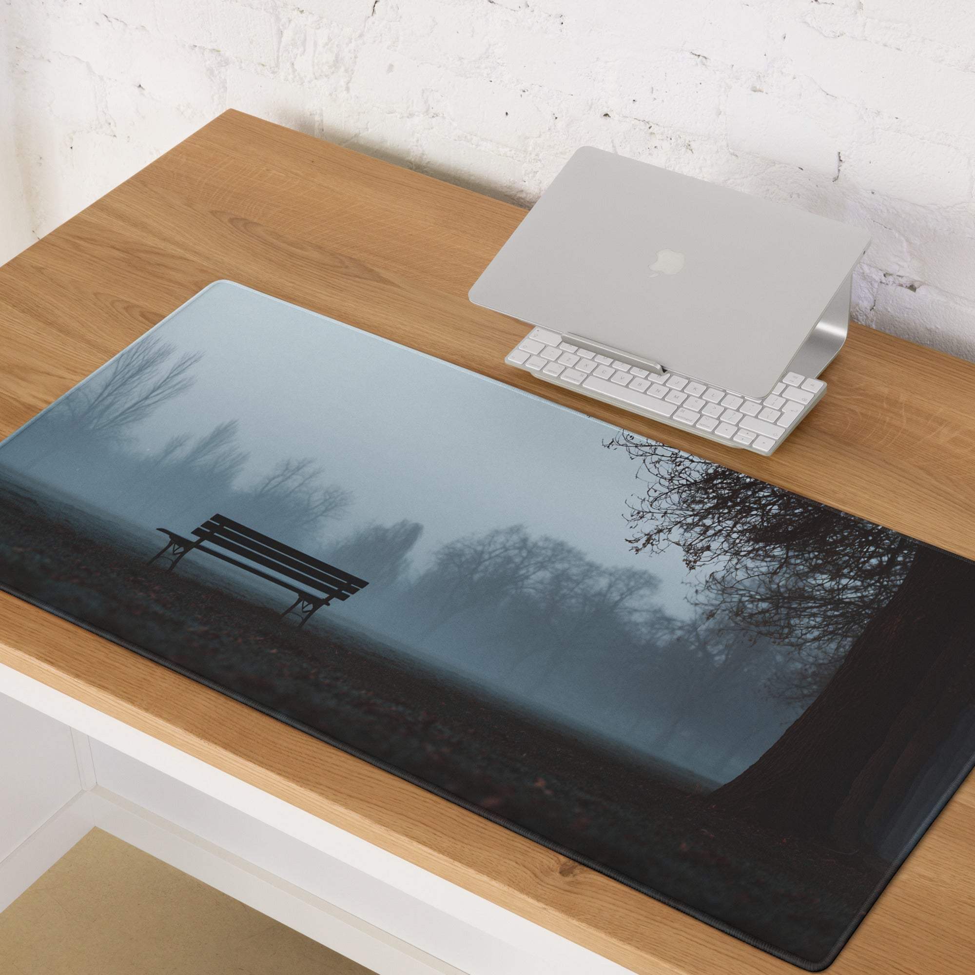 Cinematic misty park bench gaming mouse pad large non-slip edge stitch