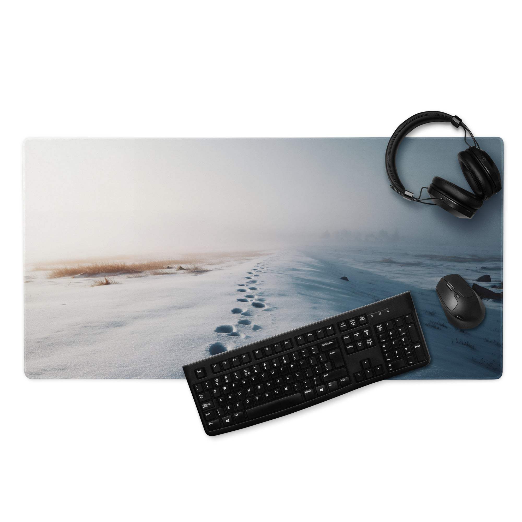 Calm Winter Blue Snowfield gaming mouse pad with frosty footprints in snow
