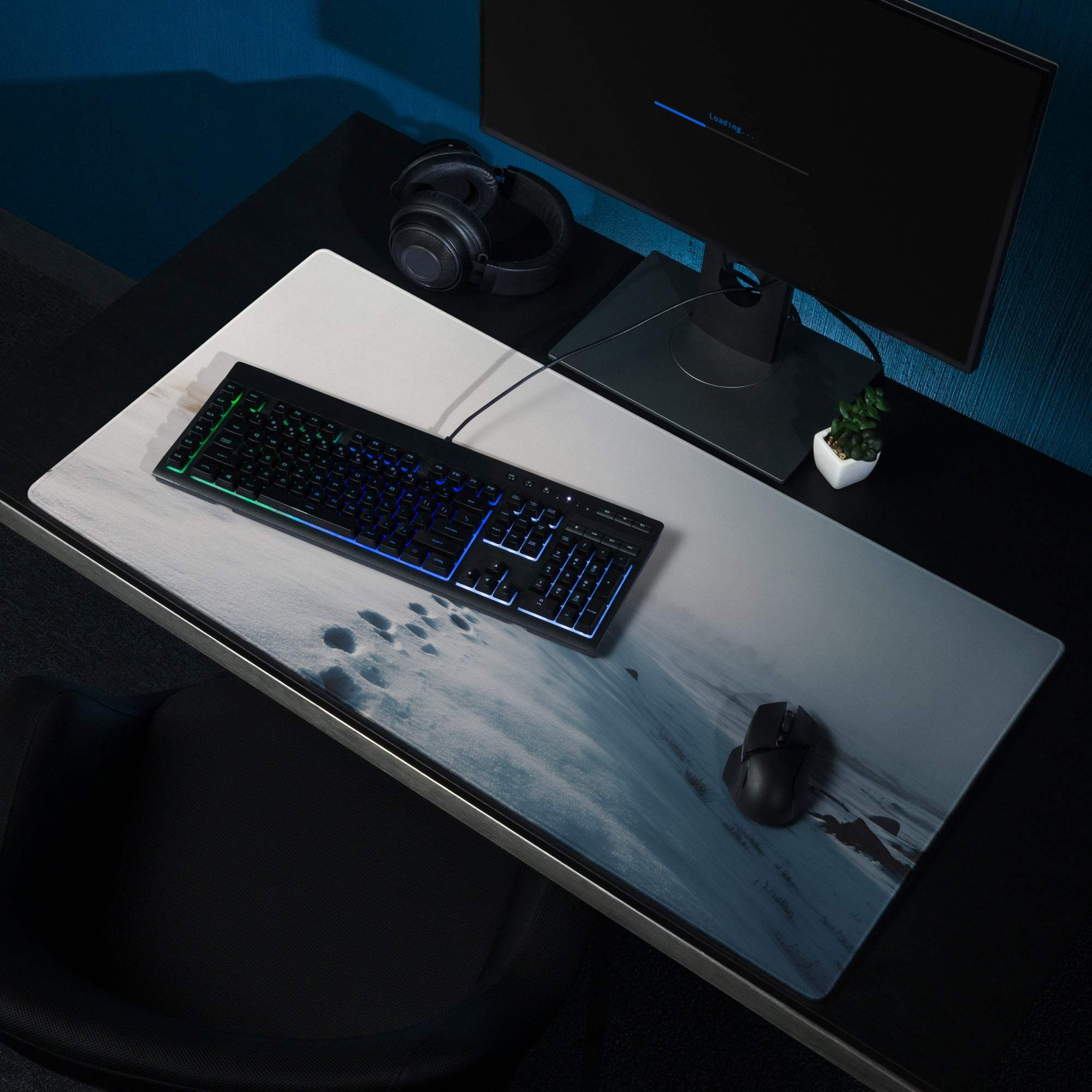 Calm Winter Blue snowfield gaming mouse pad with grayscale snow terrain print