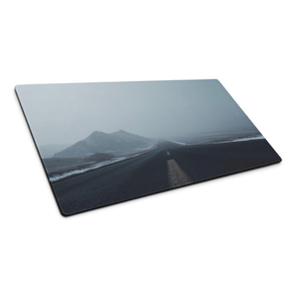 Rectangular glass cutting board with moody misty coastal landscape