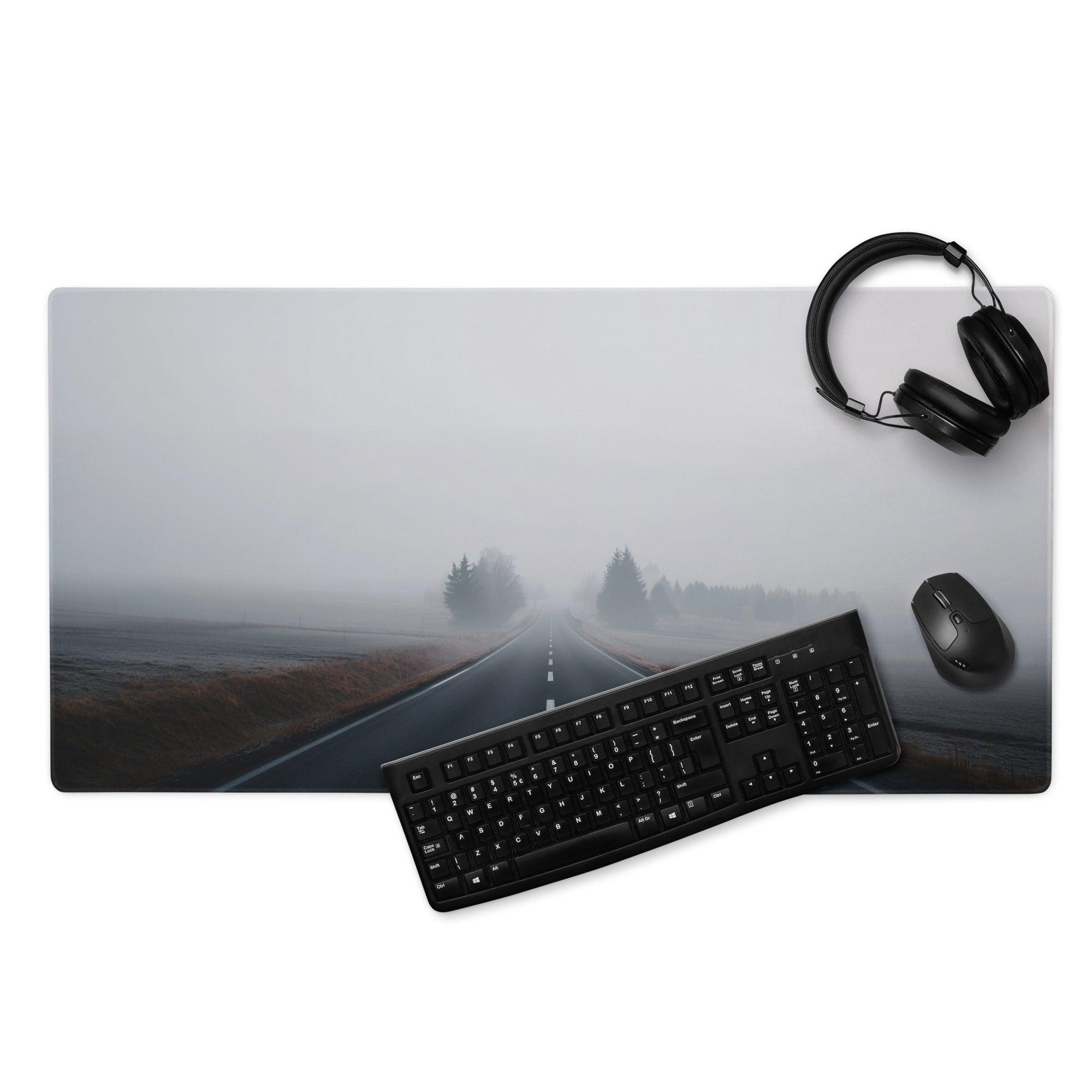 Misty Gray Mood large gaming mousepad with mist-covered road, keyboard, mouse