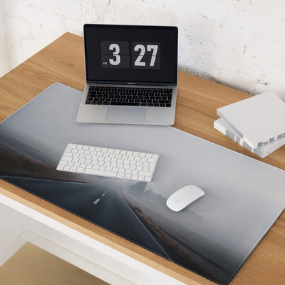 Gray minimalist desk mat with black white road design gaming mouse pad