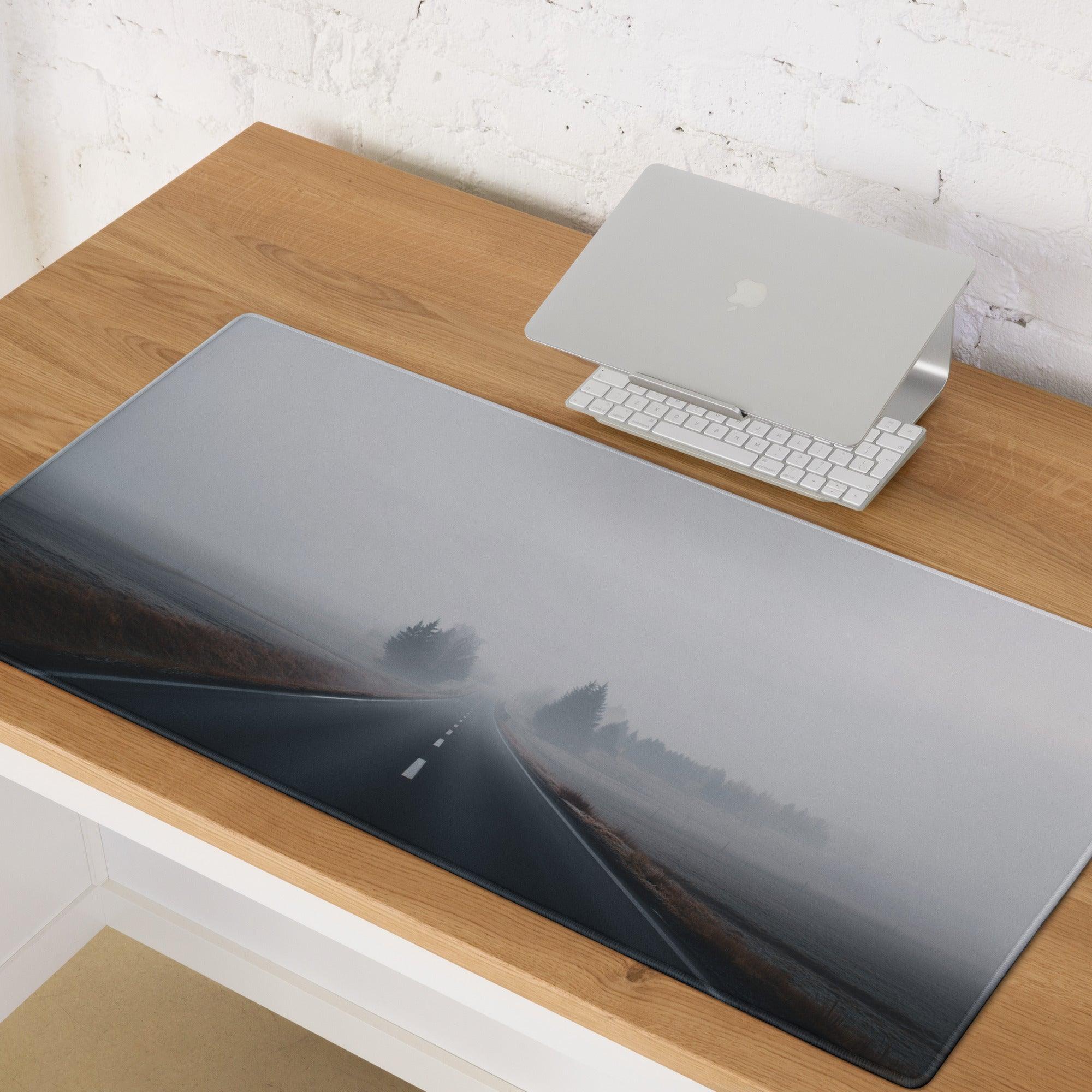 Sleek ultra wide Misty Gray gaming mouse pad with misty road scene