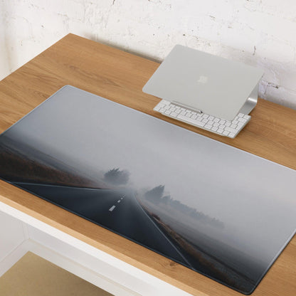 Sleek ultra wide Misty Gray gaming mouse pad with misty road scene