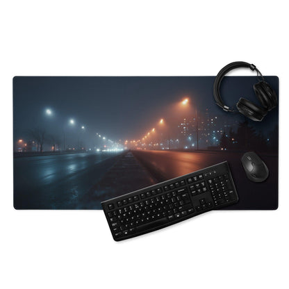 Dark blue foggy street mousepad with neon skyline, wet pavement glow, non-slip backing