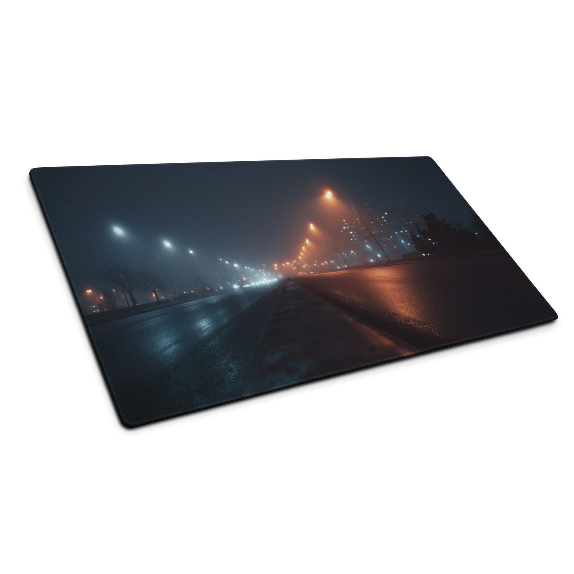 Night city neon glow moody blue streetscape gaming mouse pad
