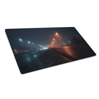 Night city neon glow moody blue streetscape gaming mouse pad
