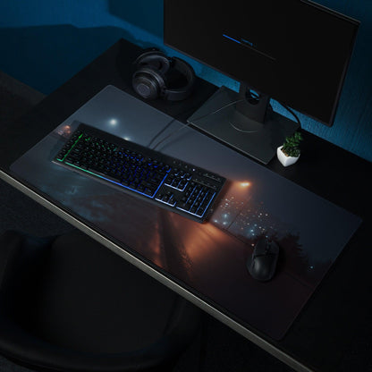 Black Night City Neon Glow gaming mousepad with illuminated keyboard design