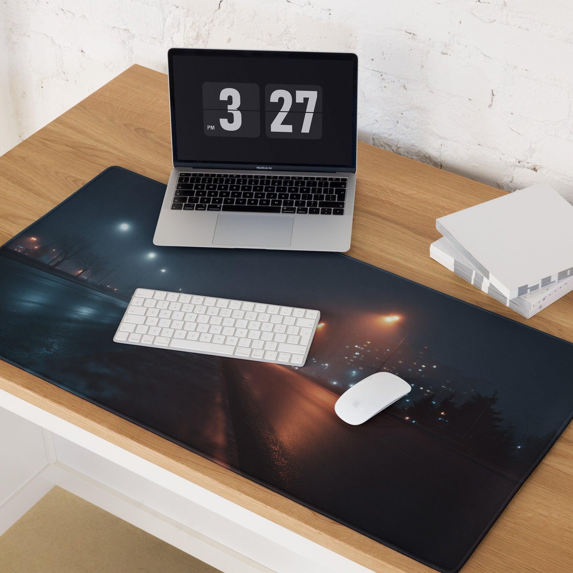 Night city neon glow cosmic mouse pad with stars and orange lights