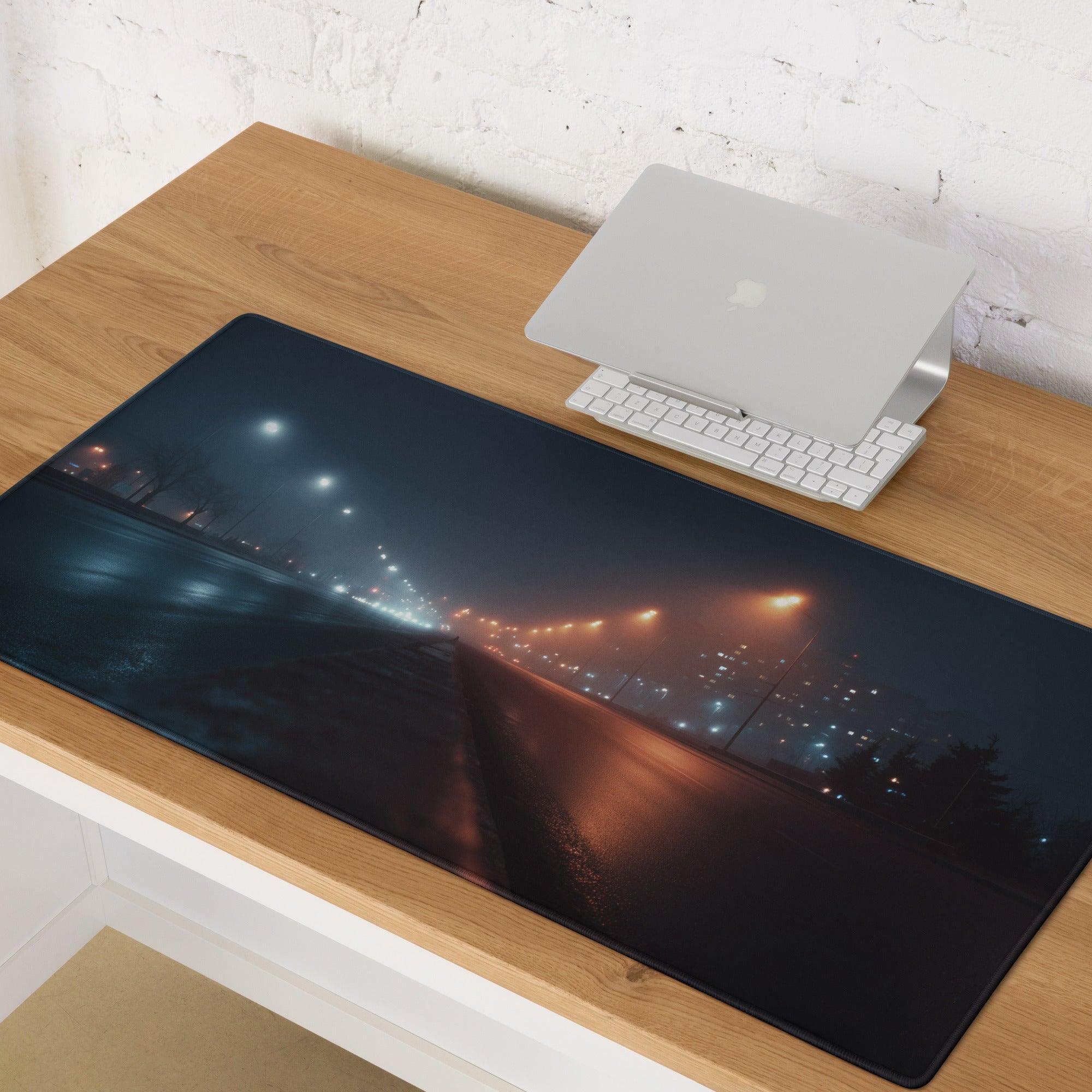 Night city neon glow moody blue gaming mouse pad with non-slip backing
