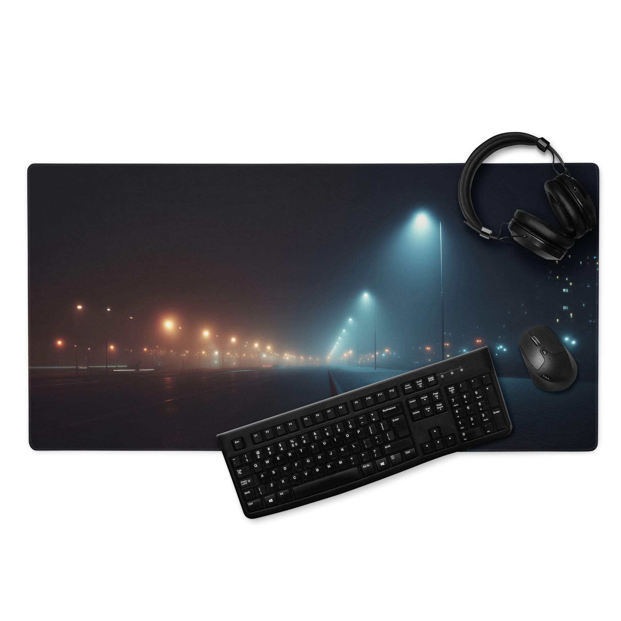 Black rectangular gaming mousepad with misty neon-lit nighttime street scene