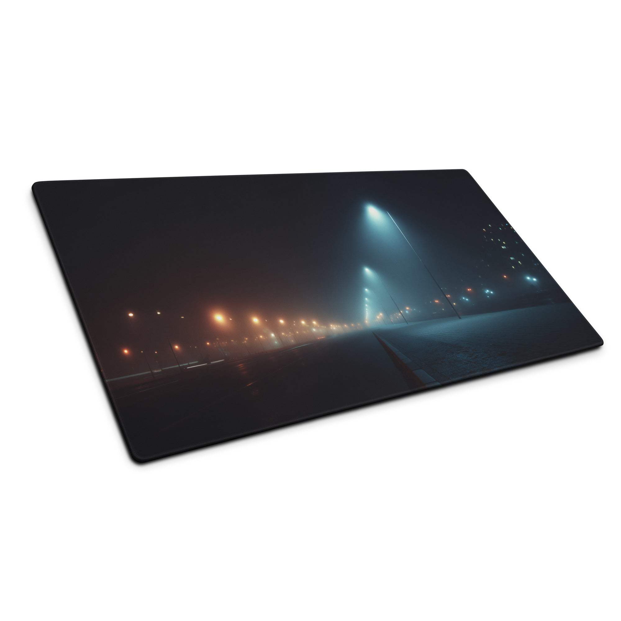 Cinematic night street fog mousepad with neon blue glow, oversized gaming desk pad