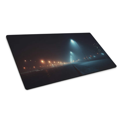 Cinematic night street fog mousepad with neon blue glow, oversized gaming desk pad