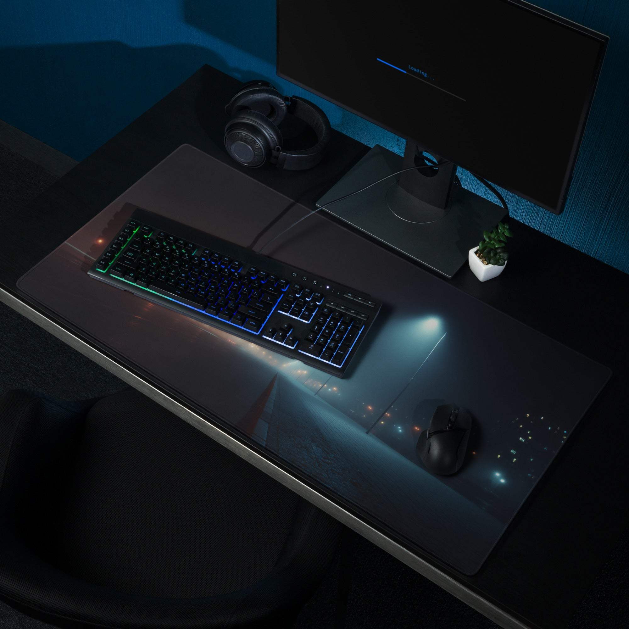 Black gaming mousepad with neon glow cityscape and bold blue mood