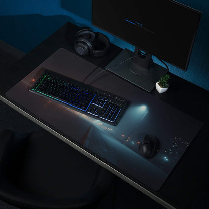 Black gaming mousepad with neon glow cityscape and bold blue mood