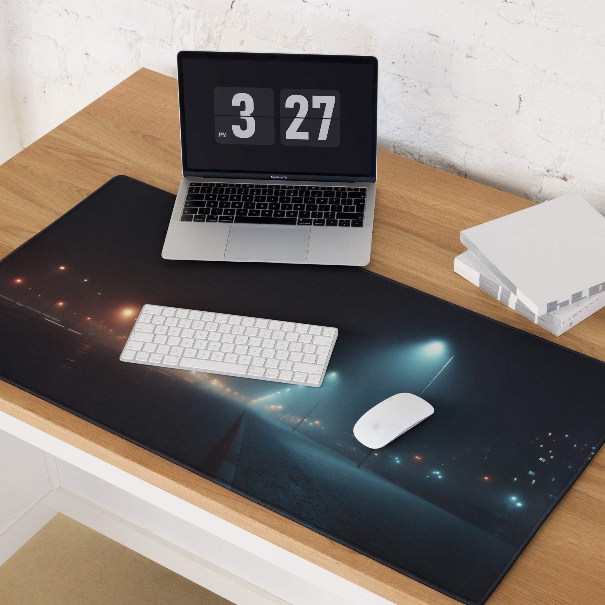 Oversized gaming mouse pad with cinematic neon blue night cityscape glow