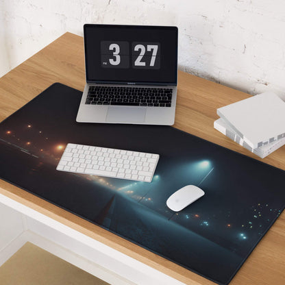 Oversized gaming mouse pad with cinematic neon blue night cityscape glow