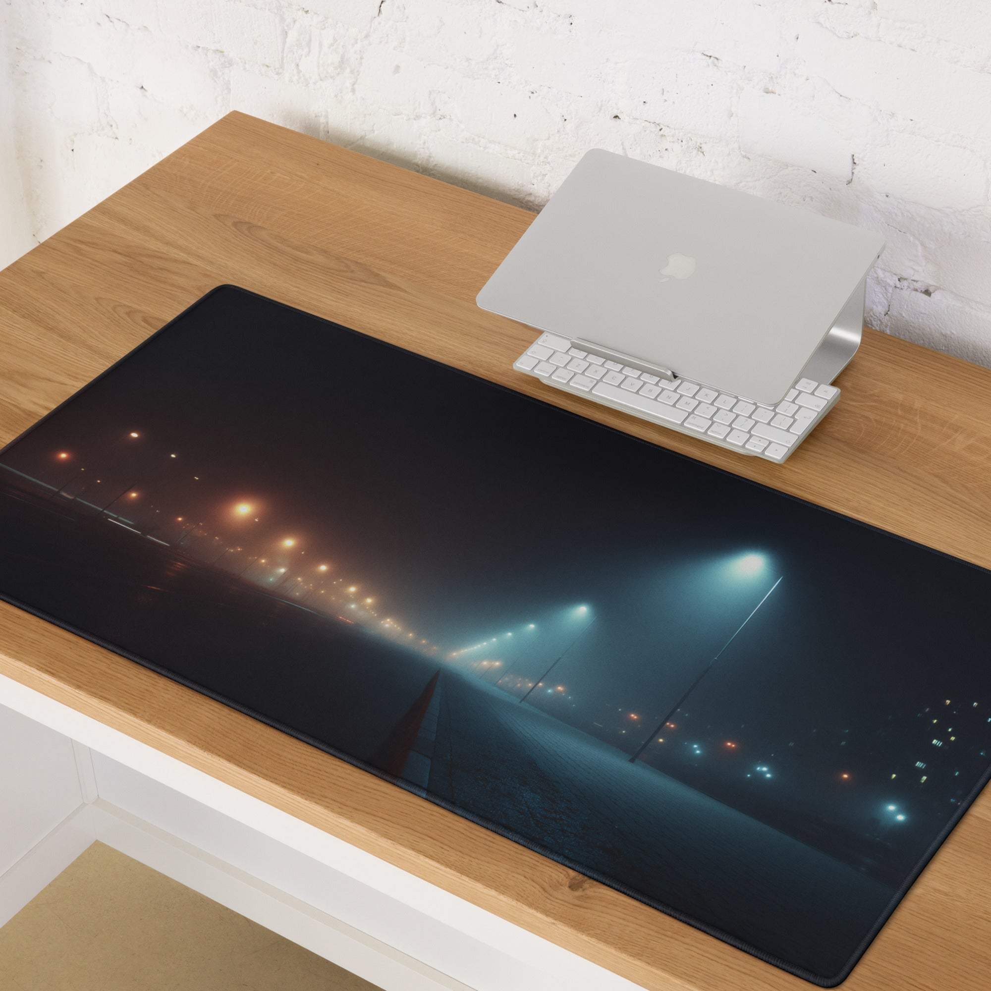 Black rectangular gaming mousepad with cinematic foggy night street and neon blue glow