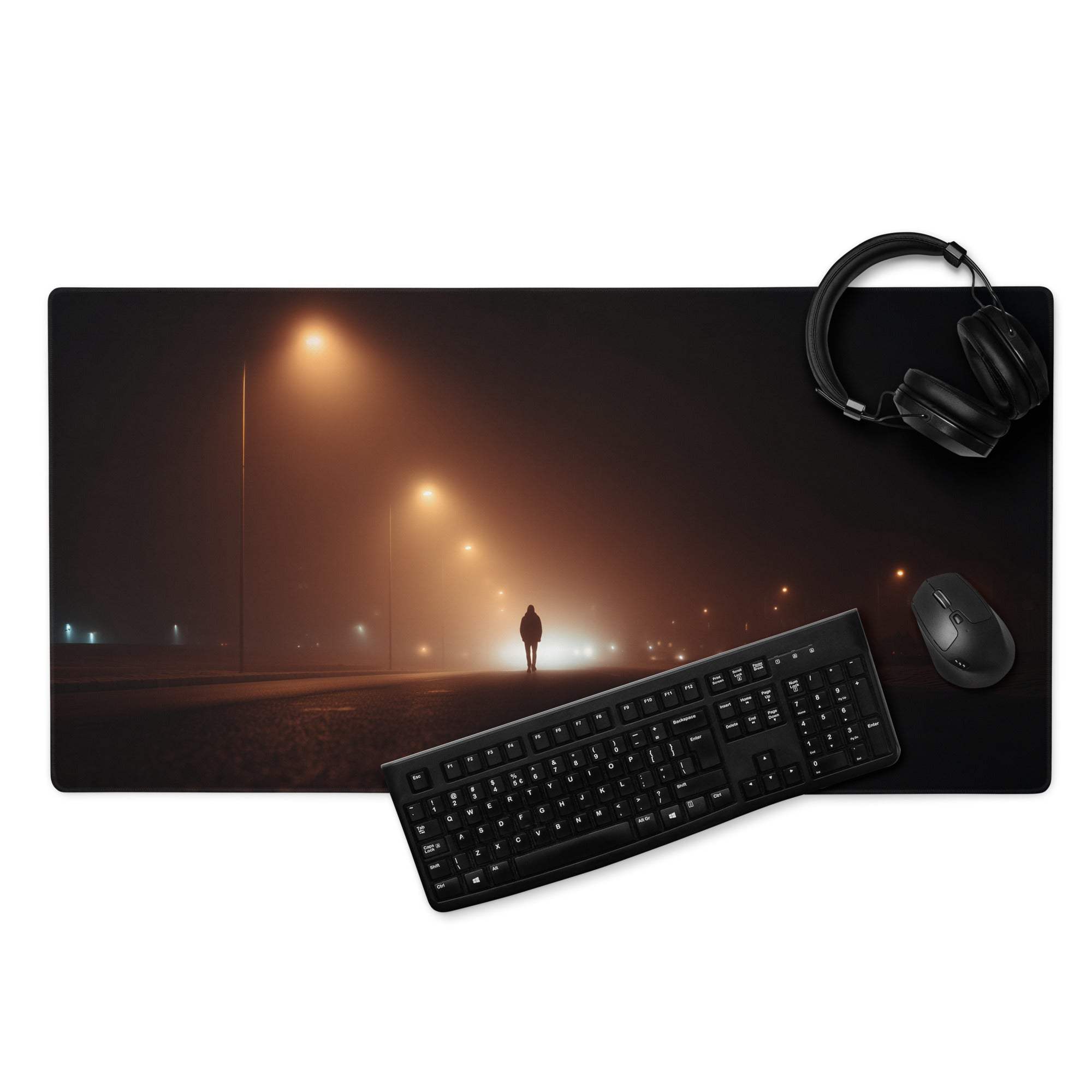 Dark Street Night large gaming mouse pad with foggy street figure