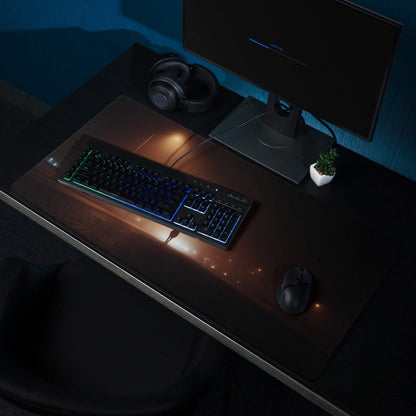 Black RGB gaming keyboard on Dark Street Night XL mouse pad